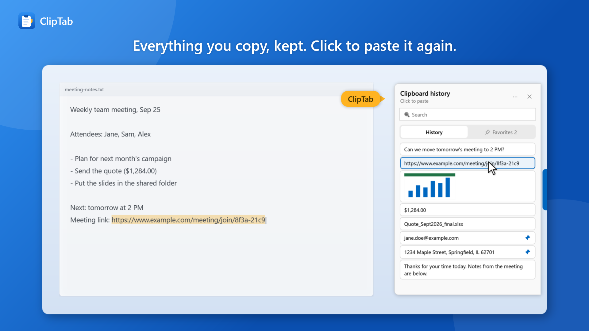 The ClipTab "Clipboard history" panel open beside a text editor, listing copied text, a URL, an image, and an address
