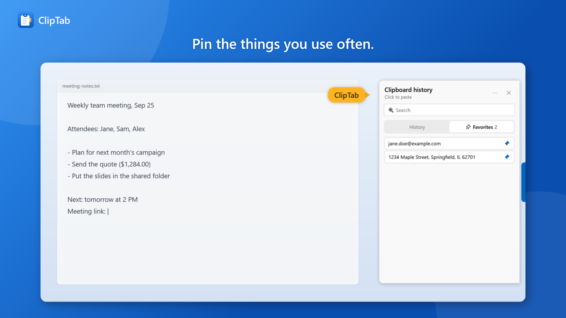 Addresses and phrases pinned to Favorites