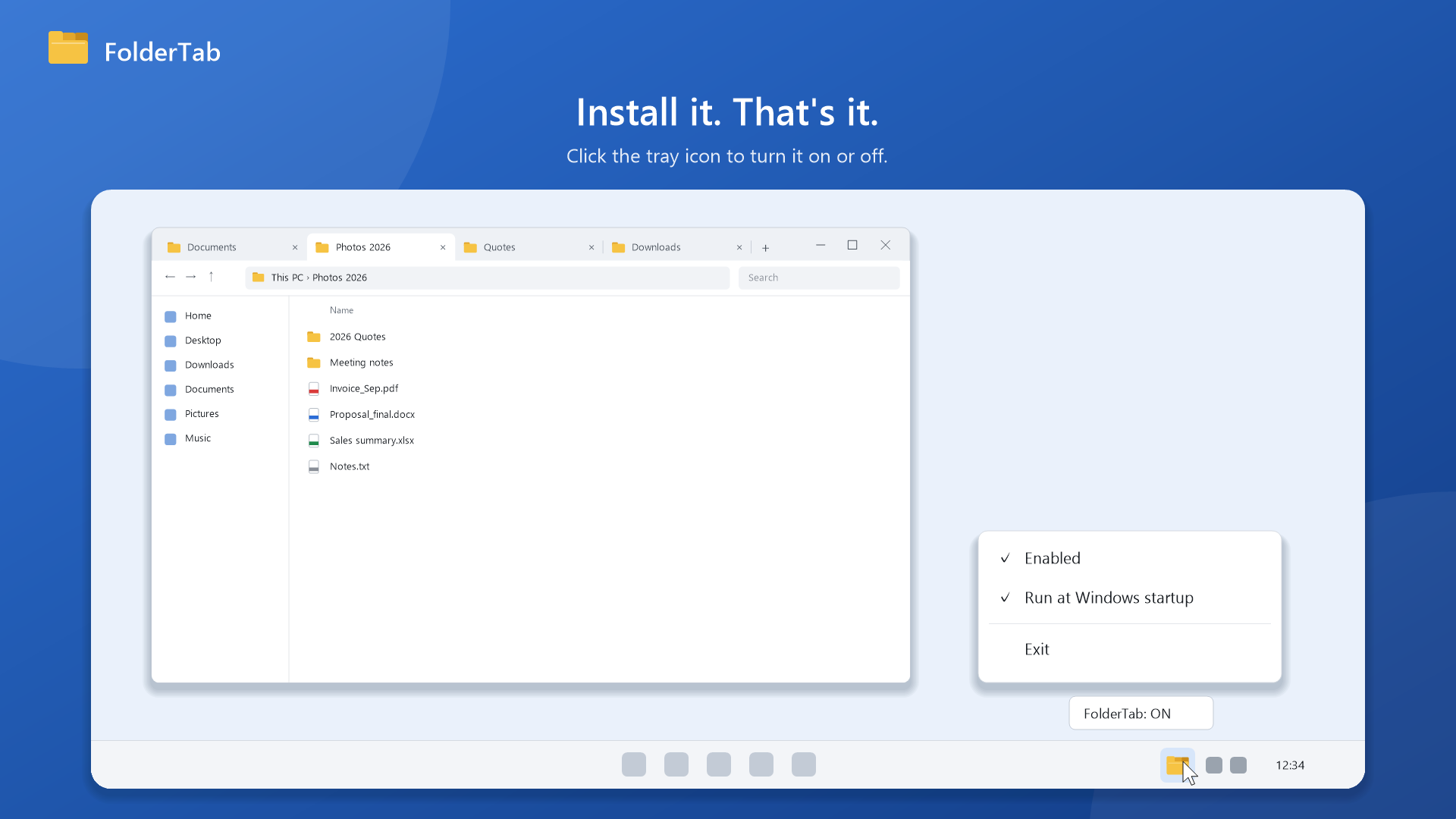 The FolderTab tray icon and its menu: Enabled, Run at Windows startup, Exit