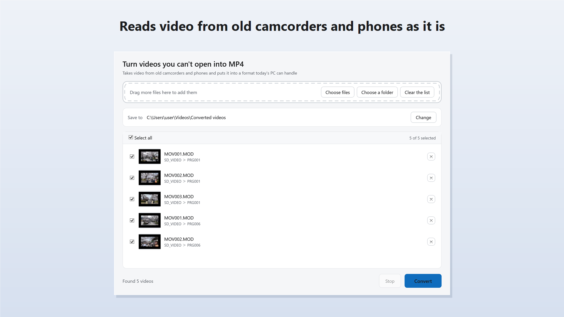 Old Video to MP4 Converter window listing camcorder videos found in an SD card folder, each with a thumbnail