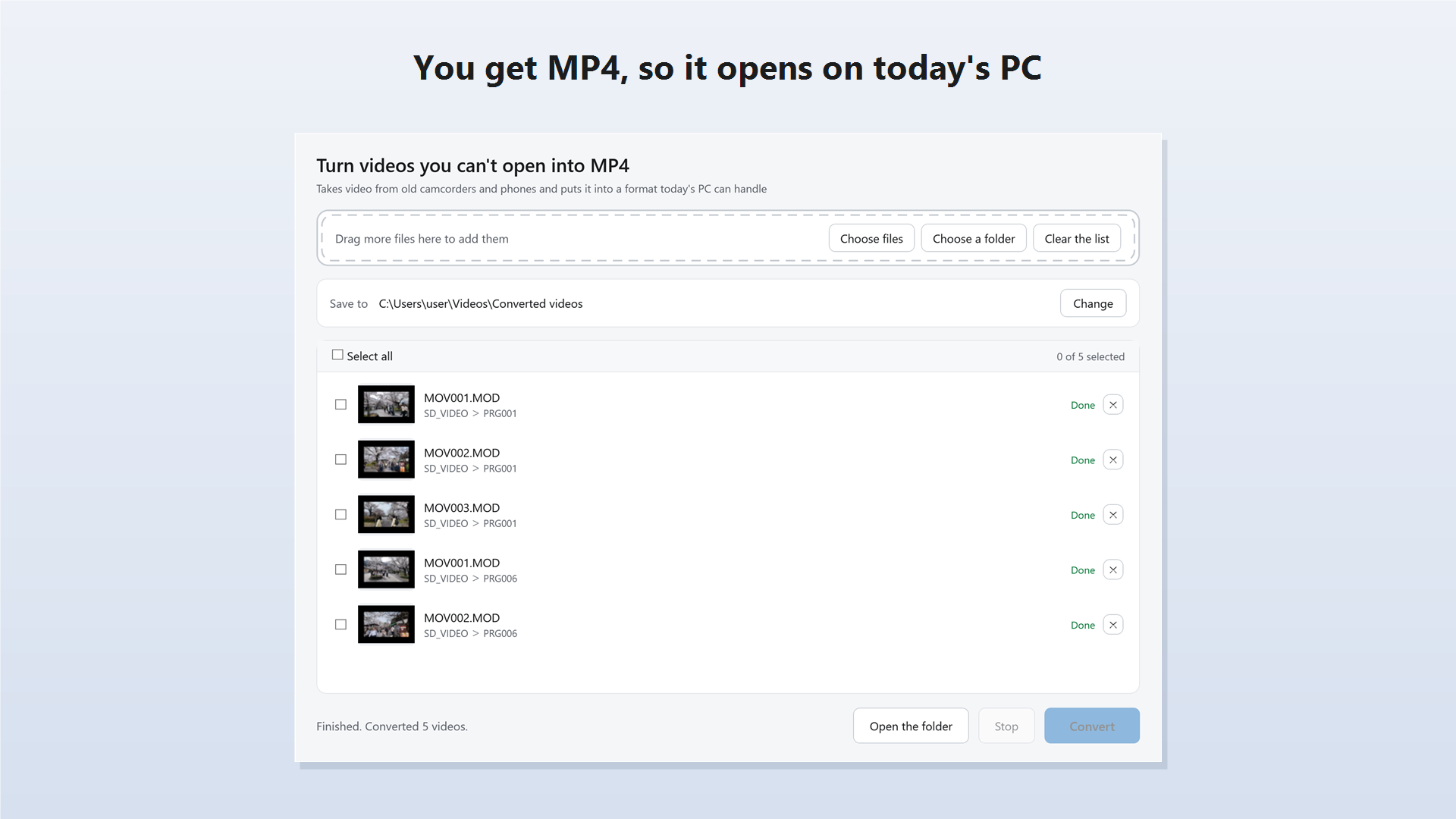 The app after converting, with every video in the list marked as done
