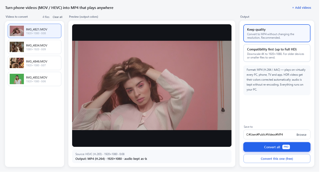 MOV to MP4 Converter window: the list of videos on the left, an output-color preview in the center, presets and destination folder on the right