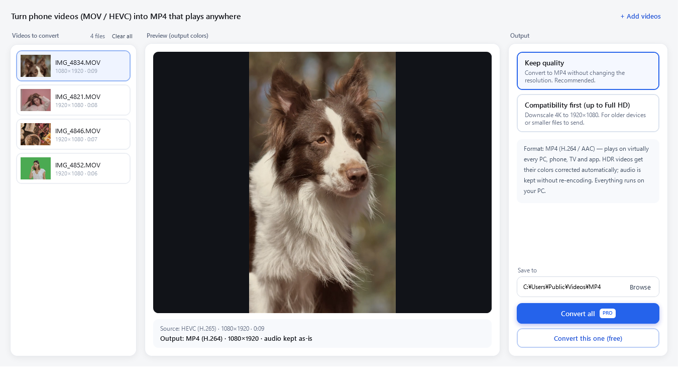A portrait video selected in the app, previewed the right way up after conversion